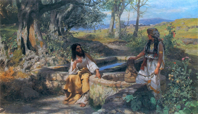 Drawing from the Israel Bible Centre depicting Jesus speaking to the Samaritan woman at Jacob's Well.
